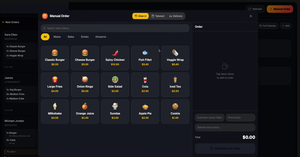 VoxiResto POS — Manual Order Entry with Dine-in, Takeout & Delivery modes